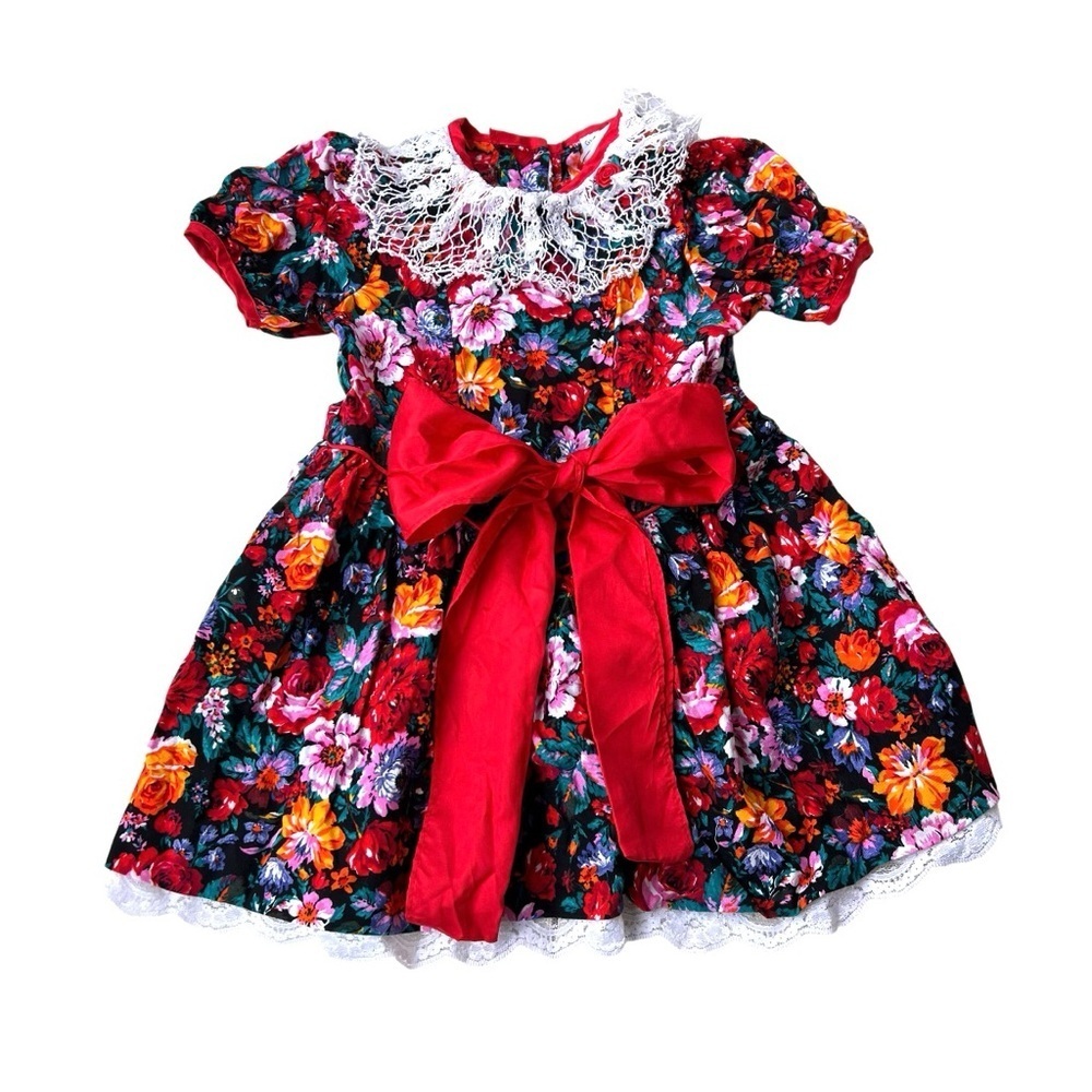 Vintage Atlanta baby girl Floral Dress with Red Bow and Lace Collar Size 4T